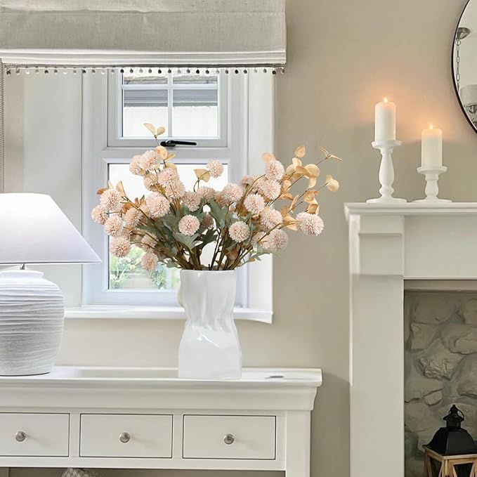 Beige Fake Flowers Silk 10 Stems With Eucalyptus, Faux Flowers For Vase, Artificial Mums Long Stem, Mini Faux Mums Flower Bulk, Tan Nude Cream Neutral Floral, Chrysanthemum Pom Pom Floral Arrangements