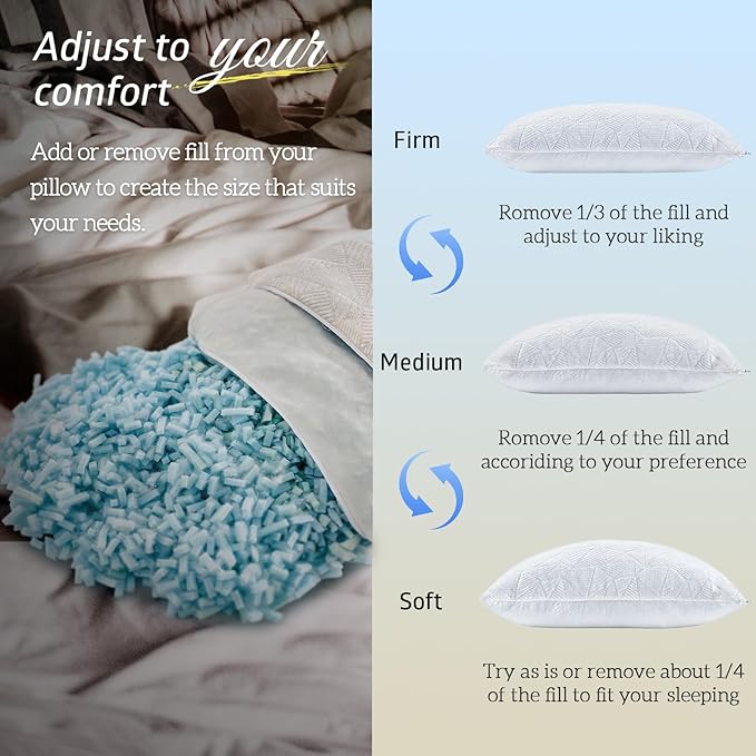 BETU Cooling King Size Pillow, Shredded Memory Foam Cool Pillow for Hot Sleepers, Adjustable Firm Soft Support Bed Pillows Perfect for Back Neck Pain and Side Sleeping with Pillow Case Cover, White