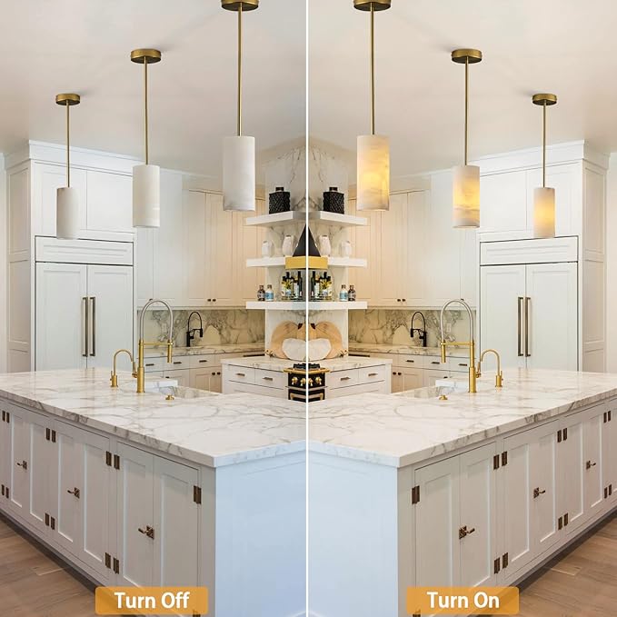 Alabaster Pendant Light Kitchen Island, H-9.5in Brass Pendant Light Fixtures with Natural Marble Shade, Adjustable Ceiling Pendant for Dining Room, Living Room, Bedroom & Bathroom