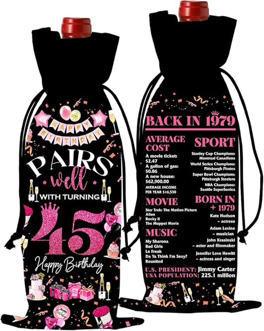 45th Birthday Gifts for Women Men Wine Bag, 45 Year Old Birthday Gifts for Men, Happy 45th Birthday Party Decorations for Women Men, Pairs Well with Turning 45 Wine Bottle Bags (Black Pink)