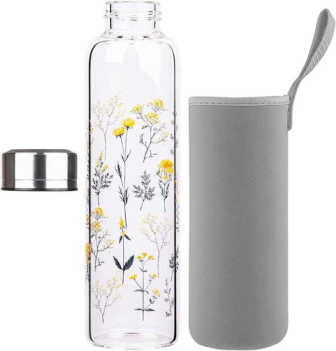 Borosilicate Glass Water Bottle, Sports Glass Drinking Bottle with Neoprene Sleeve and Stainless Steel Lid 16oz / 32oz (16oz, Blooming Branches)