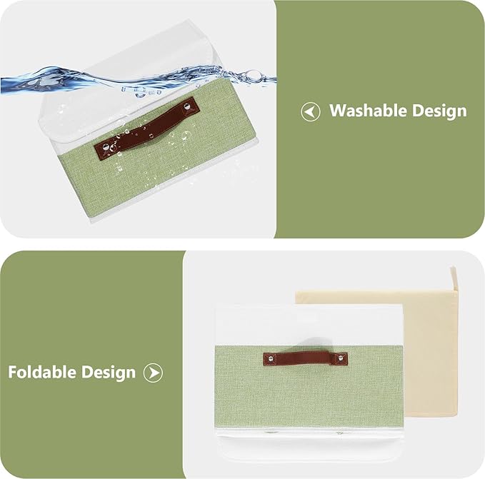 ANMINY 2PCS Storage Boxes with Lid Washable Decorative Storage Bins Basket with PU Leather Handle Foldable Linen Fabric Storage Cubes Containers for Home Closet Organizer - Green White, Small Size