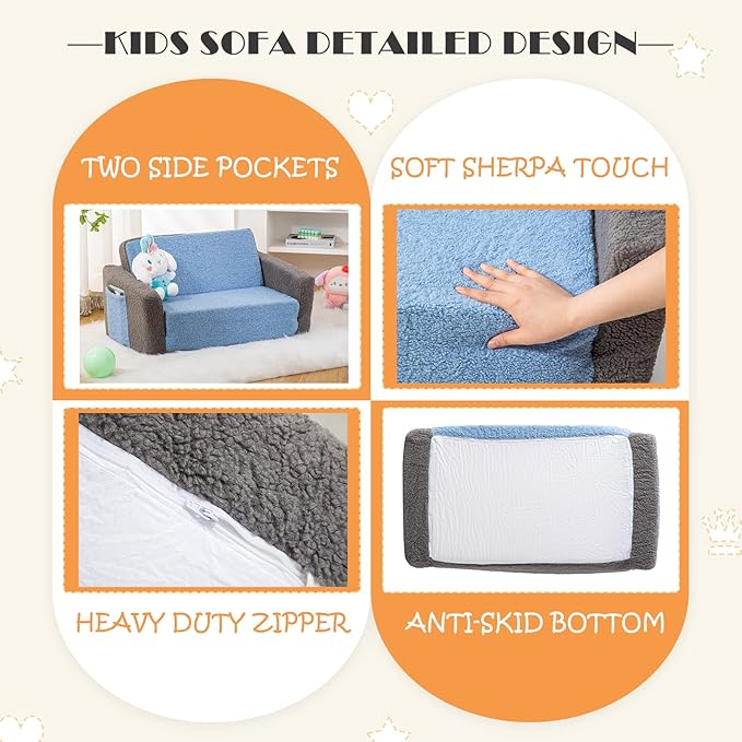 Baby Toddler Sofa Couch for Kids Extra Wide 2-in-1 Toddler Sherpa Fold Out Couch Bed for Playroom, Pull Out Children Convertible Sofa to Lounger for Boys and Girls with Double Pockets, Grey-Blue
