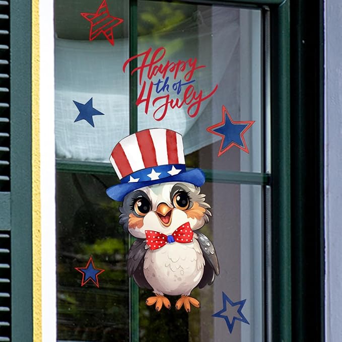4th of July Owl Window Clings, USA Independence Memorial Day Summer Holiday Window Stickers