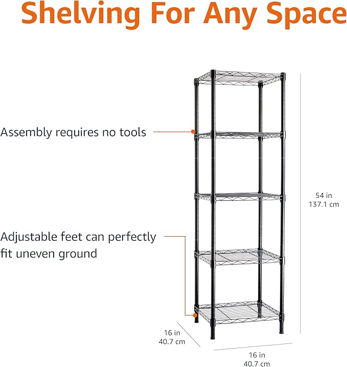 Amazon Basics 5-Shelf Tower Adjustable Storage Shelving Unit, Black, 16 D x 16 W x 54 H in