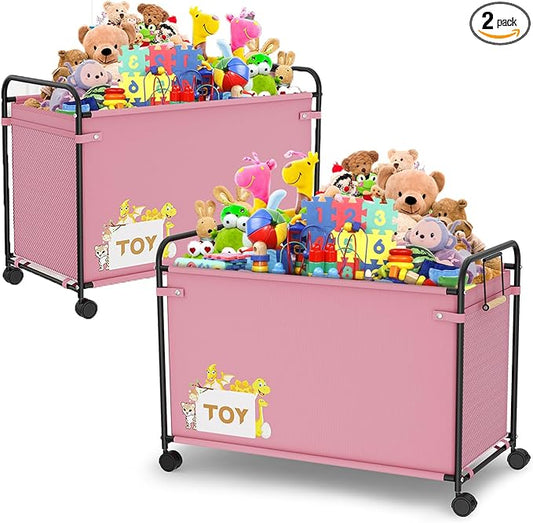 180L Kids Large Toy Box with Wheels, Metal & Oxford Cloth Big Toy Chest for Boys Girls, Toy Organizer with Wooden Handle for Bedroom, Living Room Area, Stuffed Animals, Clothes(Pink x2)