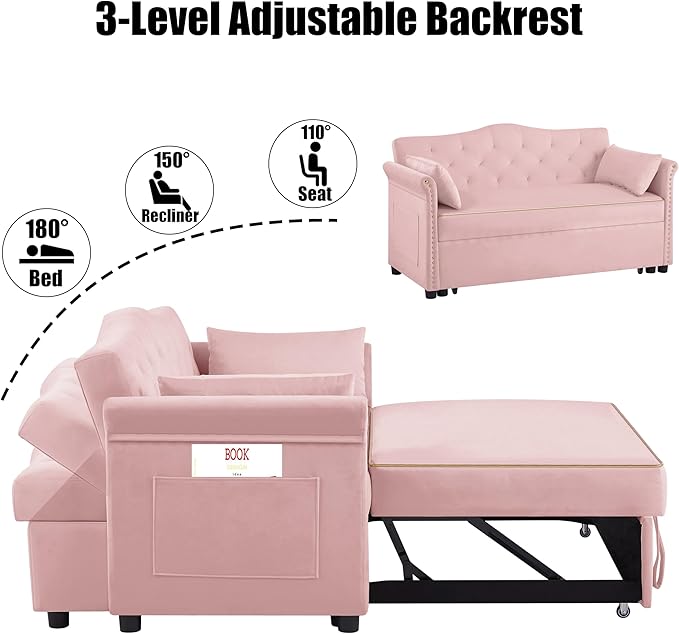 57" Velvet Pull-Out Sofa Bed, 3-in-1 Convertible Loveseat with Gold Trim Strips and Adjustable Backrest, Perfect for Living Rooms, Offices and Apartments (Pink)