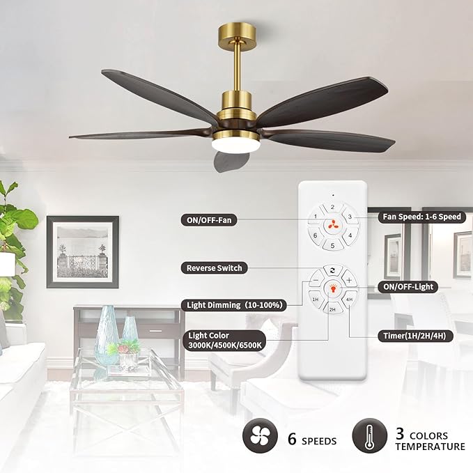 52" Ceiling Fan with Light and Remote,Reversible DC Motor,6Speed,Modern Natural Wood Ceiling Fan with Dimmable LED for Outdoor Patios Bedroom Living Room,Brown Walnut and Brass