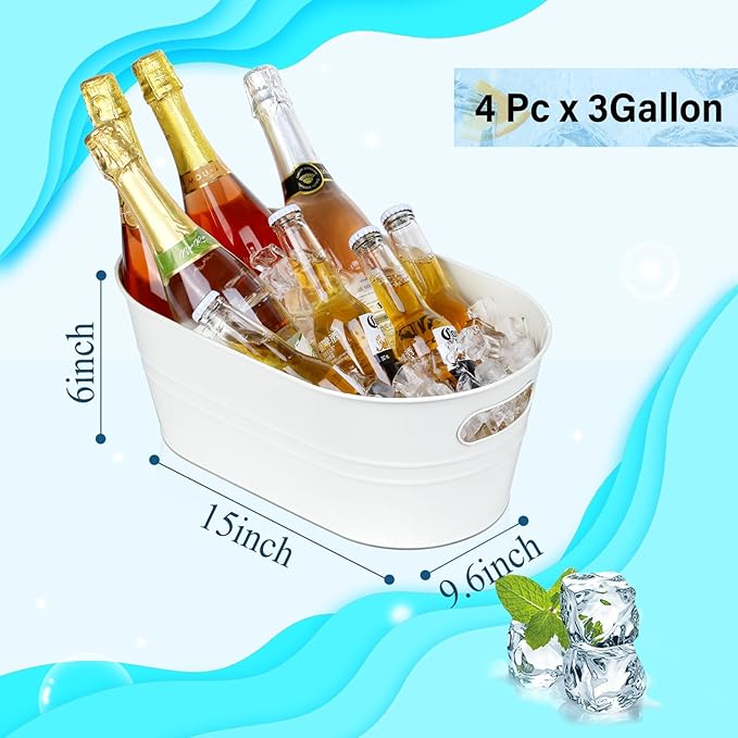 4 Pcs Galvanized Tub 3 Gallon Ice Buckets for Parties Beverage Metal Champagne Drink Wine Large Bucket for Cocktail Mimosa Bar Supplies (White)
