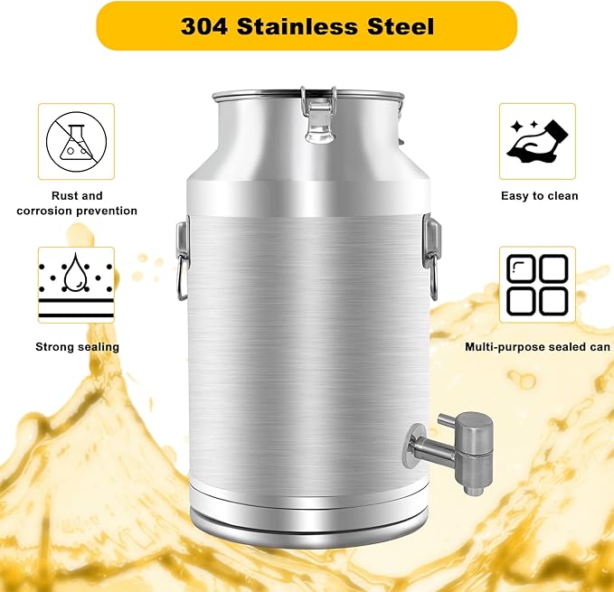 304 Stainless Steel Milk Can，35L Milk Bucket Wine Pail Bucket 9.25 Gallon Milk Can Tote Jug with Sealed Lid Heavy Duty for Milk and Wine Liquid Storage