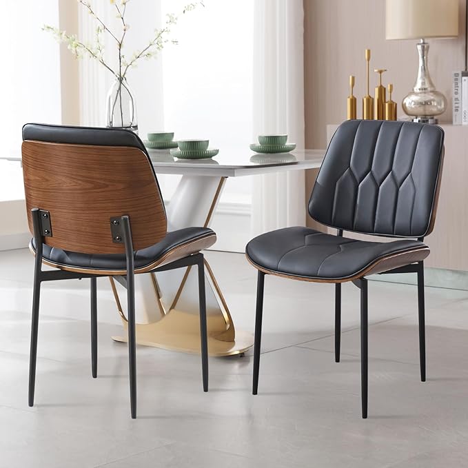 BV Mid Century Modern Dining Chairs Set of 4, Upholstered Pu Leather Armless Accent Chair with Walnut Bentwood Back, Retro Kitchen Chair for Dining Room, Living Room, Kitchen, Black