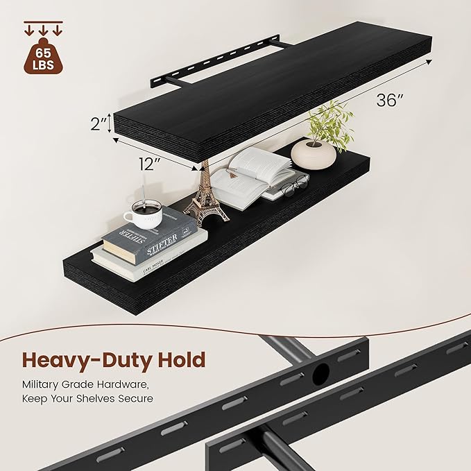 Black Floating Shelves for Wall 36 Inches Long, 12" Deep Wall Shelves 2" Thick, Heavy Duty Shelf for Bedroom, Bathroom, Living Room, Kitchen, Office, Home Decor, Modern Shelf Set of 2, 36" X 12" X 2"