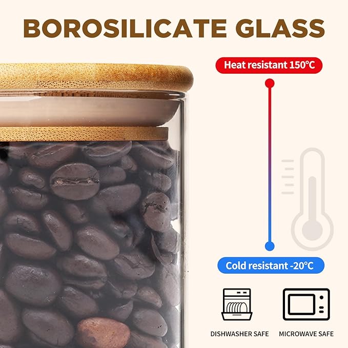 25oz Glass Food Storage Jars, Glass Jars with Bamboo Lids, Kitchen Storage Jars, Set of 6, Canisters with Airtight Lids for Spice, Coffee, Cookie, Pantry Organizers