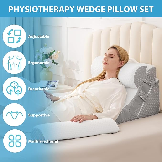 4pcs Orthopedic Bed Wedge Pillow Set, Memory Foam Post Surgery Pillow for Back, Leg Pain Relief, Adjustable Pillow Wedge for Sleeping, Bed Sitting up, Acid Reflux, GERD & Snoring, White/Grey