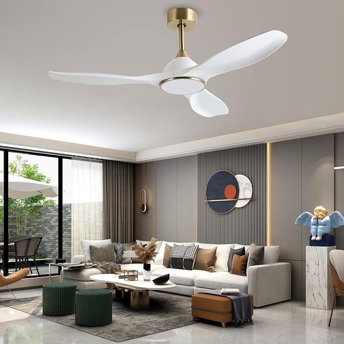 52 Inch 6 Speed High CFM Quiet DC Motor Modern Ceiling Fan with Lights Remote Control, 3 Blade White Gold Indoor Bedroom Living Room Ceiling Fan