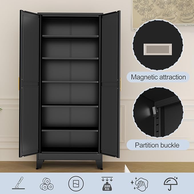Black Metal Storage Cabinet,75" Steel Cabinets for Home Office, Kitchen Pantry Storage Cabinet with Doors and 5 Adjustable Shelves, Tool Cabinets, for Office, Home, Garage, School