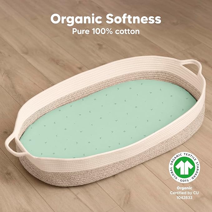 2-Pack Organic Bassinet Sheets for Girls, Boys - 100% Cotton Bassinet Mattress Sheets Compatible with Halo Bassinest Swivel Sleeper, Graco, Baby Delight, Chicco,Unisex Fitted Bassinet Sheets (Bunnies)