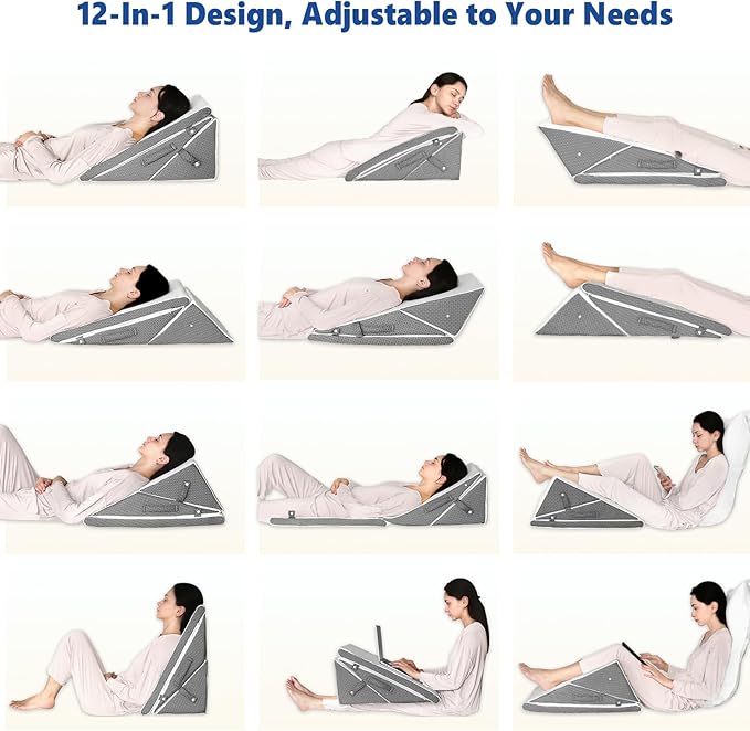 Bed Wedge Pillow for Sleeping, 7.5 & 9 & 11 & 12 Inch Adjustable Memory Foam Triangle Wedge Pillow Post Surgery for Back, Legs and Knee Support, Acid Reflux, Gerd, Heartburn and Snoring