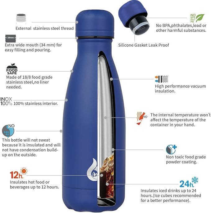 BJPKPK Stainless Steel Water Bottles 12oz Insulated Water Bottle Travel Sports Water Bottles Dishwasher Safe,Blue