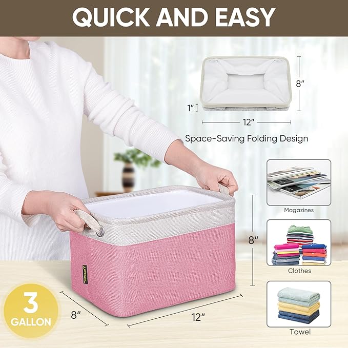 BALEINE 4 Pack Fabric Storage Bins for Shelves, Linen Storage Baskets for Organizing, Decorative Closet Bins for Clothes, Home (Pink, 12"x8"x8")