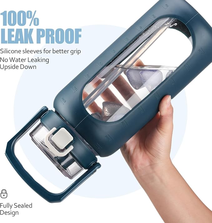 BLUEGO 64 oz Glass Water Bottle, Drinking Water Bottle with Handle and Straw, Half Gallon Motivational Water Bottle with Silicone Sleeve and Time Marker, Sports Water Bottle (Dark Blue)