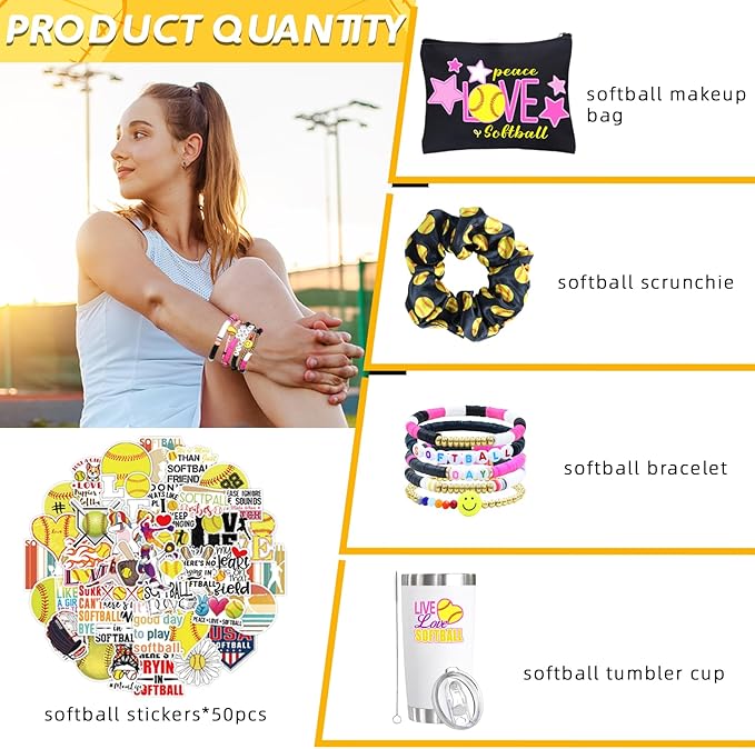 6 Pcs Softball Gifts Set Including 20oz Softball Tumbler cup Softball Bracelet Softball Makeup Bags Softball Stickers Hair Ties Sport Hair Scrunchie for Softball Lovers