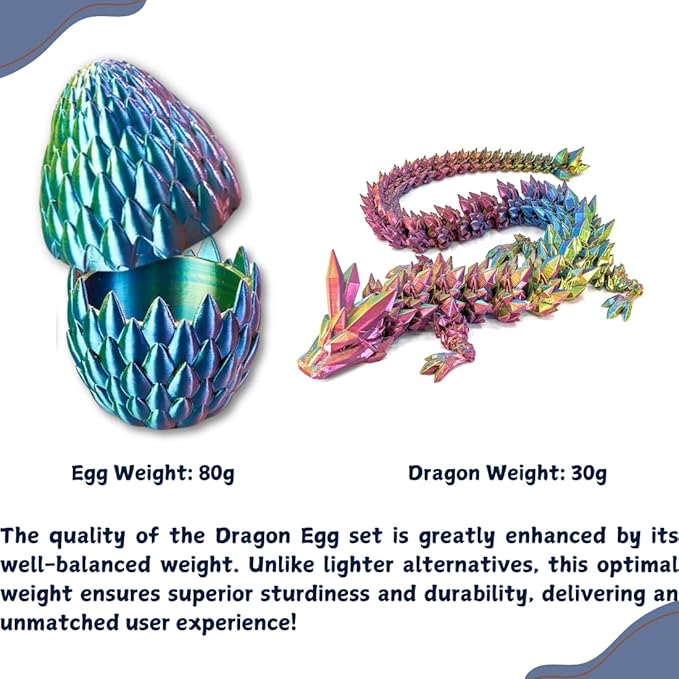 3D Printed 12” Articulated Crystal Dragon Inside 5.1” Egg – Fantasy Collectible, Fidget Toy & Stocking Easter Basket Stuffers for Home & Office Decor (Multicolor).