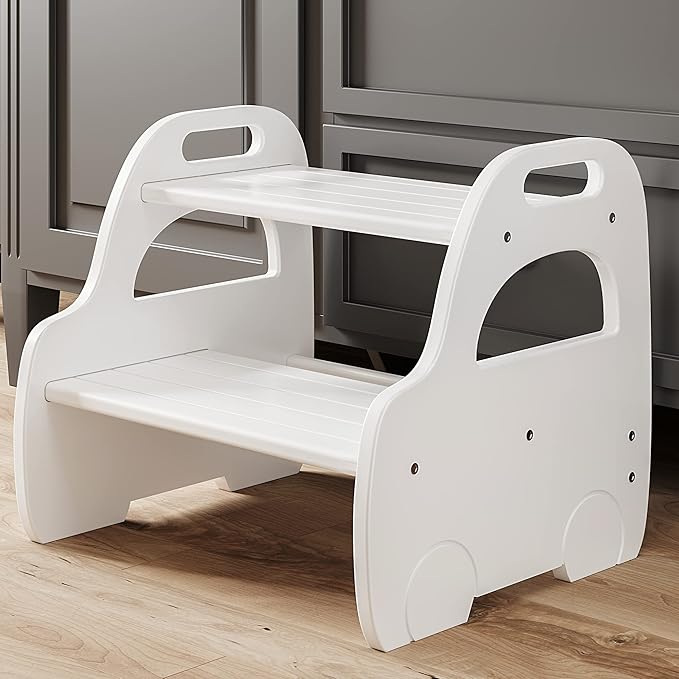AMBIRD Wooden Step Stool, Two Step Stools Toddler with Safety Non-Slip Pads and Handles, White Bamboo Step Stool for Bathroom, Bedroom, Kitchen Step Stools Kids