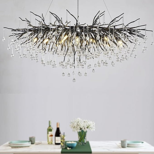 Black Chandelier for Dining Room,L47.24in Rectangular Modern Chandeliers Raindrop Light,Tree Branch Chandelier Light Fixture for Kitchen Island,Entryway 13-Light
