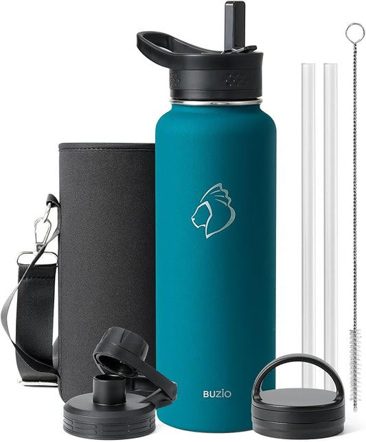 BUZIO Water Bottle with Straw lid, Spout Lid, Hand Lid and Carrying Pouch, 32oz 40oz 64oz Stainless Steel Water Flask Jug, Cold for 48 Hrs Hot for 24 Hrs Double Vacuum Thermo Canteen Mug, BPA-Free
