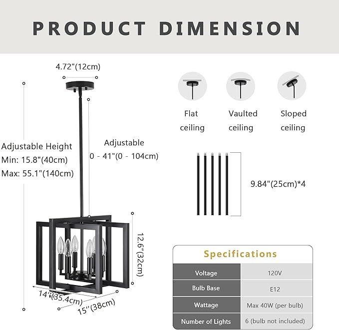 ANKYLHUA Black Chandelier,6-Lights Ceiling Light Fixture E12,Adjustable Hight Pendant Lights Kitchen Island,Chandeliers for Dining Room Bedroom,Entryway,Foyer