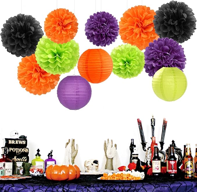 Black-Orange Purple Green Halloween Party-Decorations - 15PCS Paper Flowers Lanterns Tissue Pom Poms Streamers,Vintage Birthday Baby Shower Bachelorette Wedding Bathroom Hanging Supplies Decor Hugfond