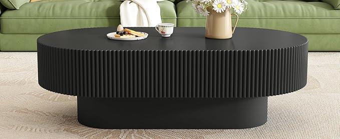 43.3" Oval Fluted Coffee Table Modern Elegant Drum End Table, Minimalist Center Table 7.8" Thick Tabletop with Sturdy Base for Living Room, Bedroom, Apartment,Easy Assembly, Black