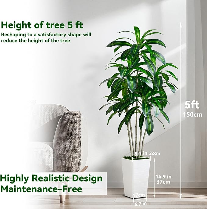 Artificial Dracaena Tree Artificial Silk Tree Faux Tree with White Tall Planter Fake Tropical Yucca Floor Plant (1, White Tall Planter, 5 FT)