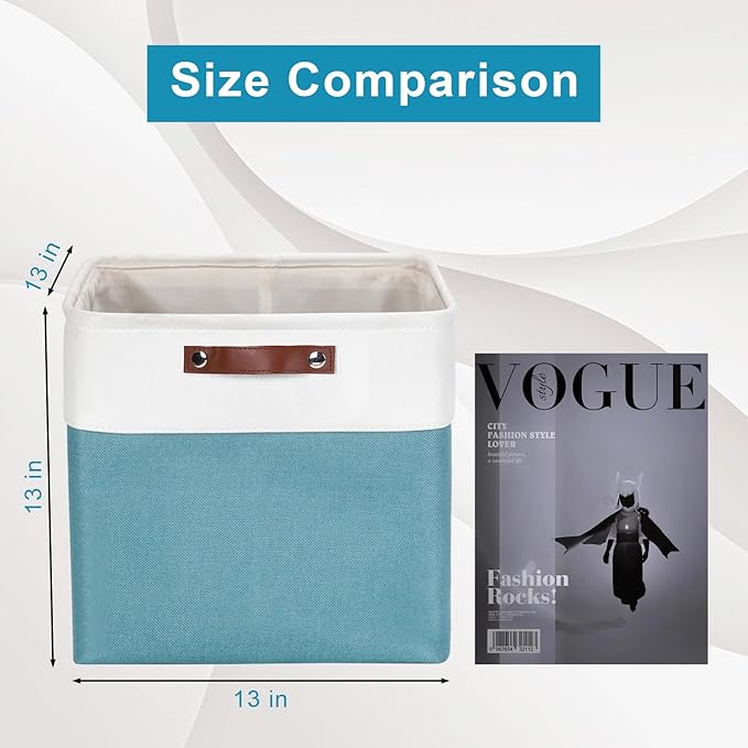 13x13 Cube Storage Bins, Collapsible Fabric Storage Box, 4 Pack Closet Baskets with Handles for Organizing, Shelf, Toys, Clothes, Home, Office, Nursery (Teal&White)