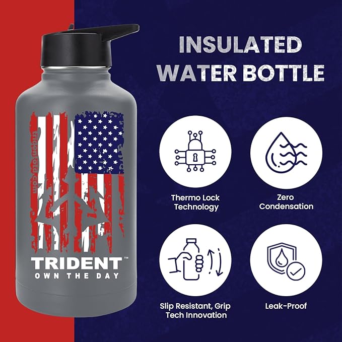 American Flag 64 oz Water Bottle, Reusable Water Bottle with Straw, Leak Proof Water Bottles, 64oz Insulated Water Bottle, Thermos Water Bottle - Retired Navy Combat Vet Small Business (Gray, 64 Oz)