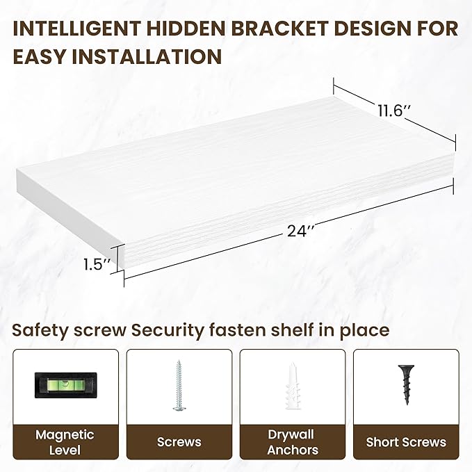 24 Inch Floating Shelves, 12 Inch Deep Floating Shelves for Wall, Floating Shelf with Invisible Brackets, Deep Shelves for Bathroom, Bedroom, Living Room, 2 Pack, White