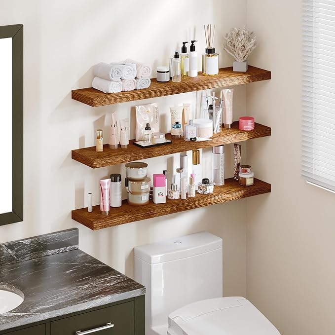 BAMEOS Floating Shelves, American Oak Wall Mounted Wooden Shelves with Invisible Brackets Set of 3, Hanging Wall Shelves Decoration for Bedroom, Bathroom, Living Room and Kitchen