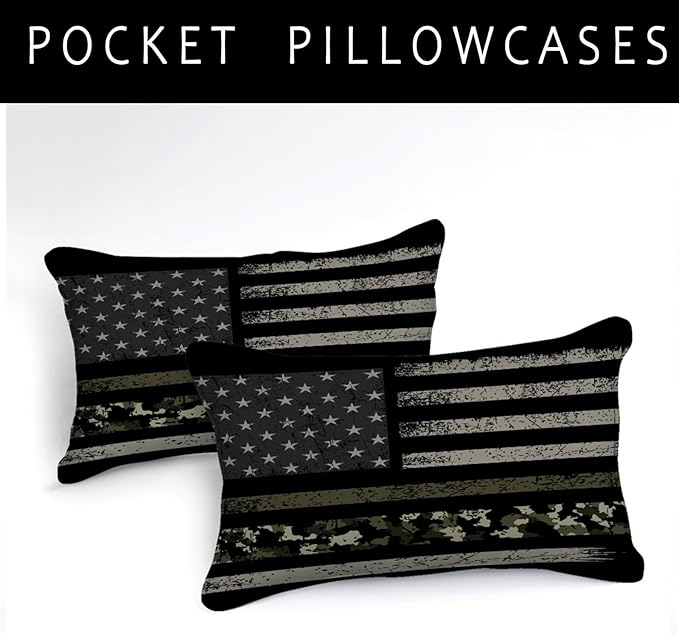 Bedbay California King Size Comforter Set American Flag Comforter Retro Military Camo Bedding Black Grey Army Green Camouflage USA Flag Printed 4 Pcs Bedding Set (Camo,Cal-King)