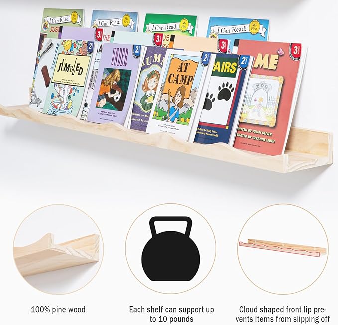 AZSKY Nursery Book Shelves for Kids, Picture Ledge Shelf for Wall Decor and Storage, Floating Photo Shelves with Lip for Picture Frames (Natural Wood, 23.6 Inches Set 3)