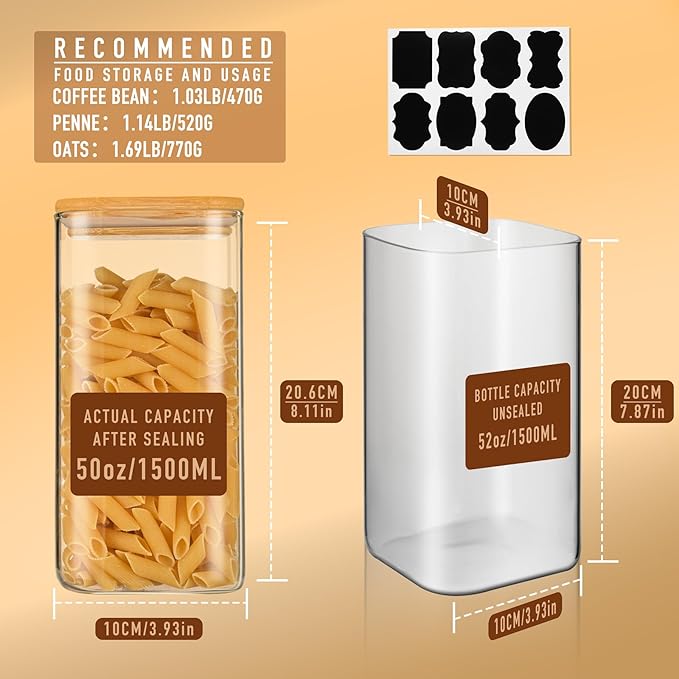 52oz Airtight Glass Square Storage Canister with Bamboo Lid Set of 3 (1550ml) Container Stackable Spice Jar, Kitchen Canister for Flour, Cookies, Cereal and Coffee beans (‎with Black Lable)