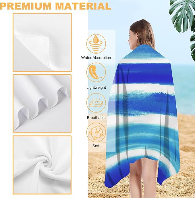 Beach Towel Oversized, Watercolor Blue Stripes Microfiber Beach Towels, Lightweight, Absorbent, Quick Dry, Sand-Free Beach Blanket, Unique and Ideal Gift for Camping, Pool,Yoga, 29.5” X 59”