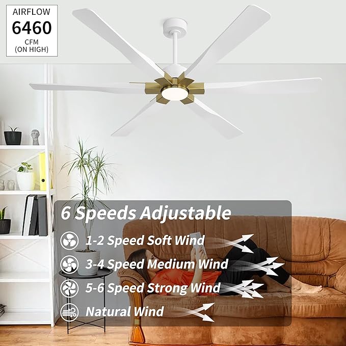 68 Inch Ceiling Fan with Lights and Remote Control, 6 Reversible ABS Blades, 6-Speed Noiseless DC Motor with 4.5" / 12" / 24" Downrods for Bedroom Dining Living Room, Gold and White