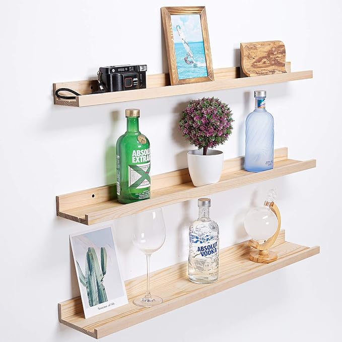 AZSKY 36 Inch Picture Ledge Shelf Solid Wood Large Floating Shelves Wall Mounted Rustic Natural Shelves for Home, Living Room, Bedroom, Bathroom, Office 3 Same Sizes