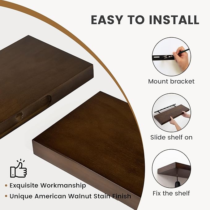 48 Inch Fireplace Mantel - 8 Inch Deep Rustic Premium Solid Pine Wood Floating Shelf - Farmhouse Wall Mounted Display Shelf - Heavy-Duty Metal Bracket - 48"W x 8"D - Set of 1 - American Walnut Color