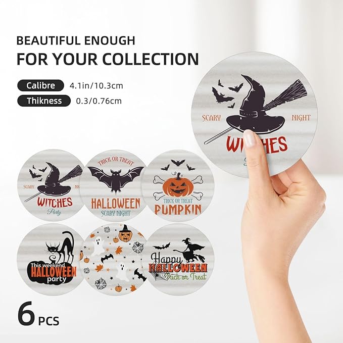 6 PCS Halloween Coasters with Metal Holder and Cork Base Ceramic Drink Coasters Absorbent Cup Mat Non-Slip for Home Kitchen Office Table Decor, 4 Inch Halloween 1