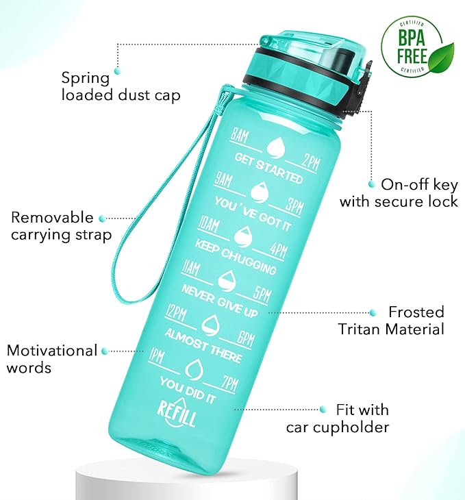 32oz/26oz Motivational Water Bottle with Time Marker & Fruit Strainer, Leak-proof BPA Free Non-Toxic 1l Bottle with Carrying Strap, Perfect for Fitness, Gym and Outdoor Sports Plastic