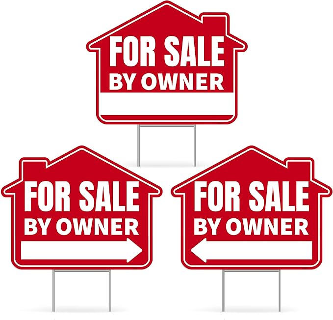 3PC For Sale By Owner Sign with Stakes, 17 Inches by 13 Inches - Double Sided Signs - Corrugated Plastic - FSBO Yard Sign for Home House Real Estate