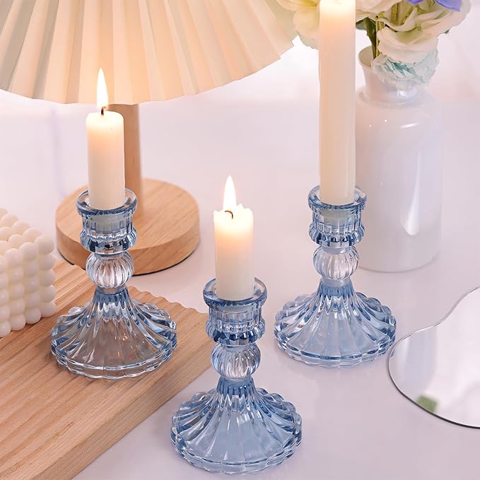 12PCS Blue Candlestick Holders Set- 4" H Taper Candle Holders, Glass Candle Holders Bulk for Wedding, Party, Home Table Centerpieces, Festival Gifts & Windowsill Decor