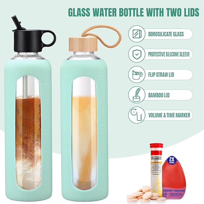 32oz Glass Water Bottle With 2 Lids-Flip Straw Lid, Bamboo Lid, Glass Water Bottle With Silicone Sleeve, Motivational Time Marker, Glass Juice Bottle for Cold Drink,Light Blue
